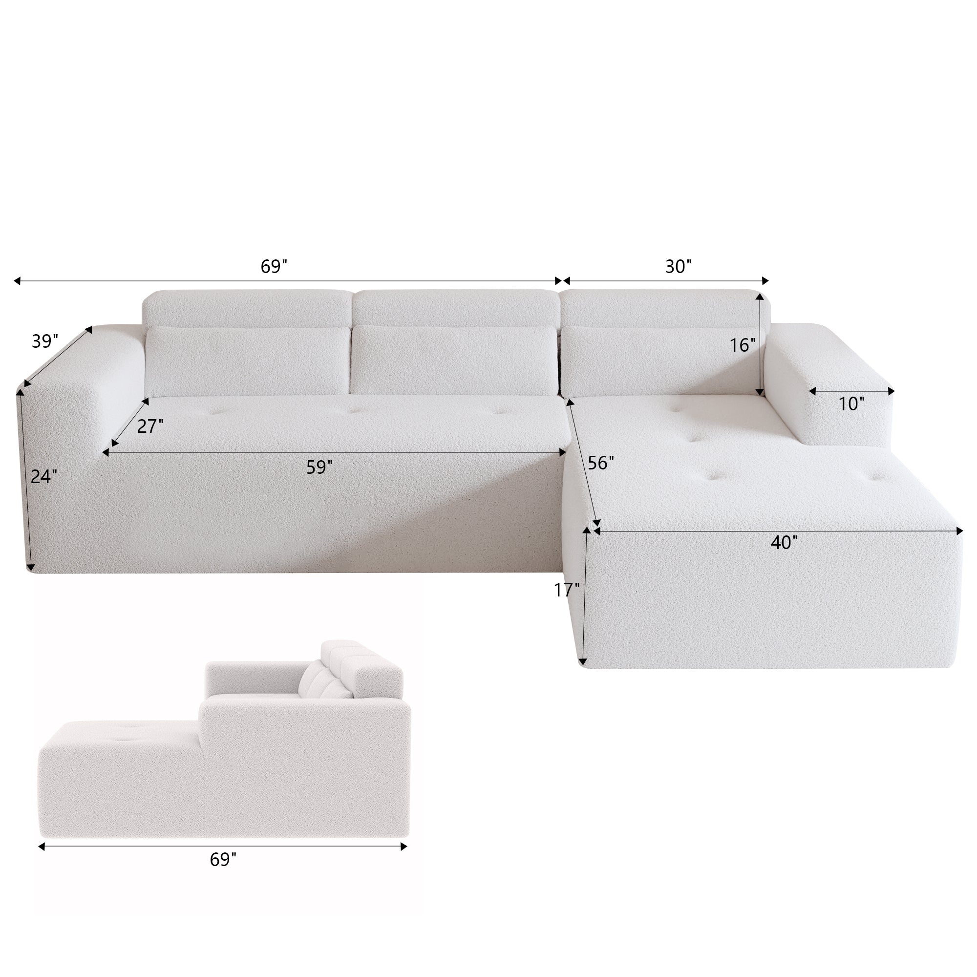 109'' Modern Modular Sectional Sofa,  Teddy Fabric L Shaped Couch, 3 Seat Corner Sofa Couch, Modern Upholstered Couch with Chaise & Pillows for Living Room Apartment, No Assembly Required