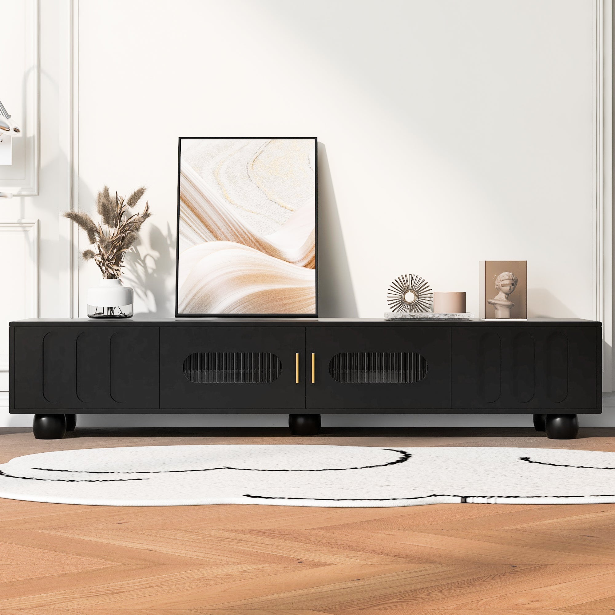 U-Can Modern TV Stand for TVs up to 80 Inches, Entertainment Center with Glass Door, TV Storage Cabinet with Solid Wood Legs and Metal Handles for Living room(OLD SKU:WF323694AAB )