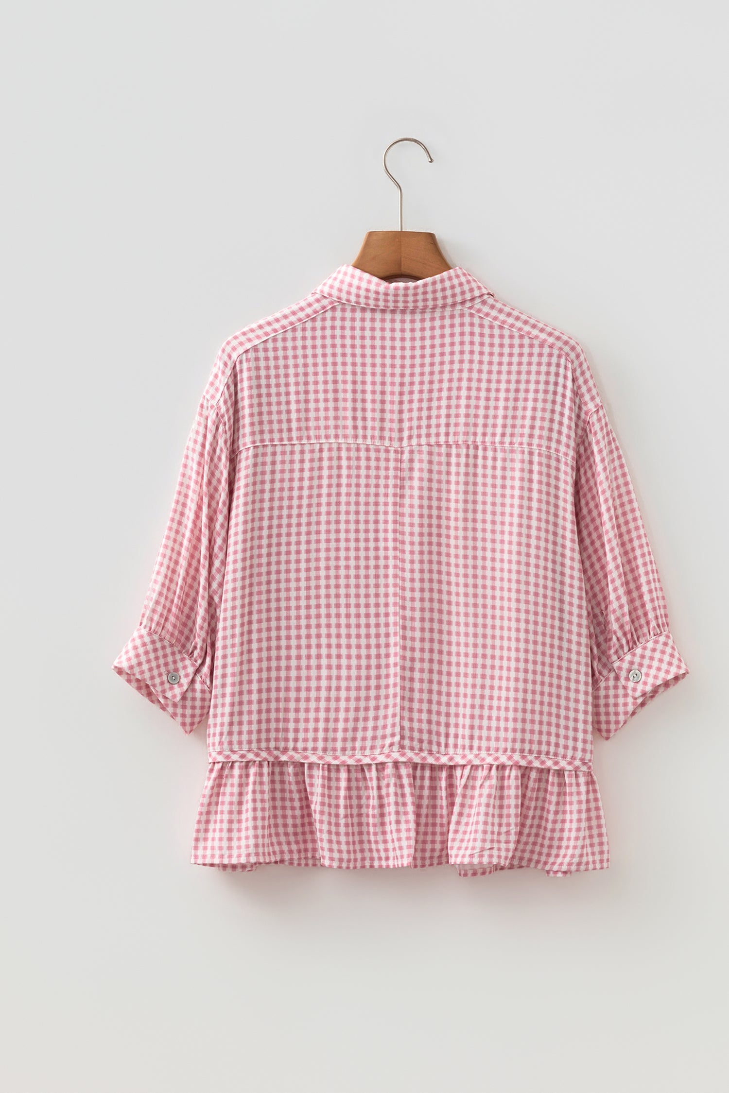 Gingham Plaid 3/4 Sleeve Ruffle Buttoned Shirt