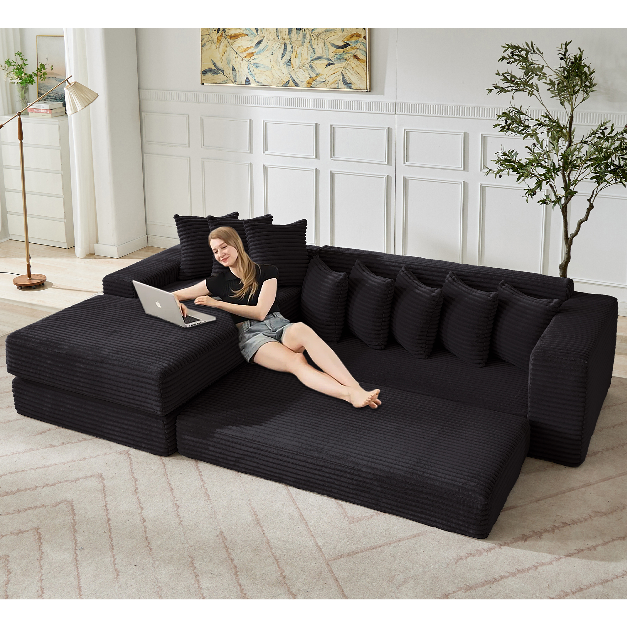 [NEW ARRIVED] [VIDEO PROVIDED] Oversize Cloud Sectional Couch, L-Shape Sofa, Convertible Floor Sleeper Sofa Bed, No Assembly ,Eight pillows,3-in-1,Side Pocket,(Left Facing Sofa),3 Seat,Corduroy,Black