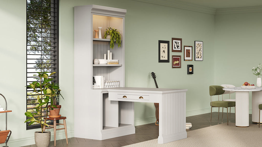 83.4'Tall Bookshelf with Writing Desk, Modern Bookcase with Study Desk, Workstation with Storage Shelf,Storage Bookcase with Open Shelves and LED Lighting for Living Room,Home Office,White