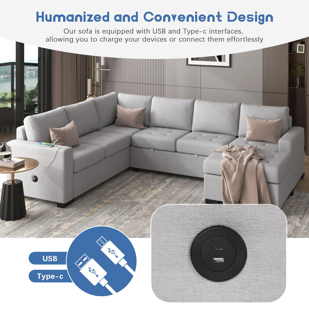 U_Style Sectional Sleeper Sofa with Pull-out Bed and Lounge Chair, USB and Type-C Interfaces, Suitable for Living Room, Office, and Spacious Spaces