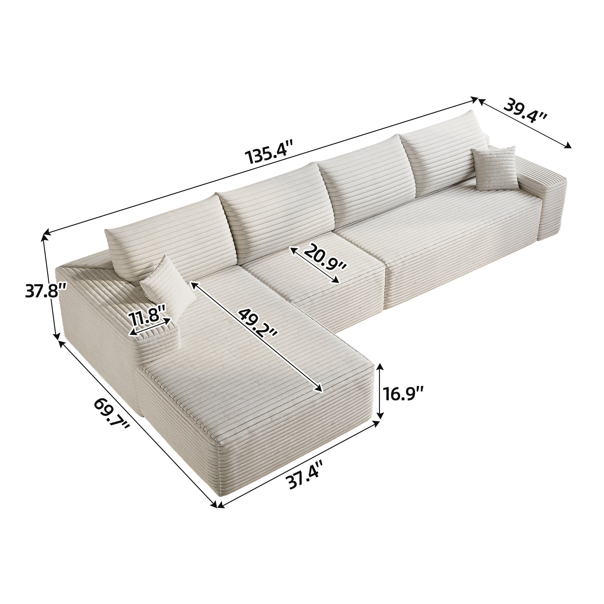 135' Cloud Sectional Couch with L-Shape Chaise,Modern Modular Sofa with Deep Seat, Upholstered Couches for Living Room Bedroom,No Assembly Required, (Plush Corduroy Fabric),White