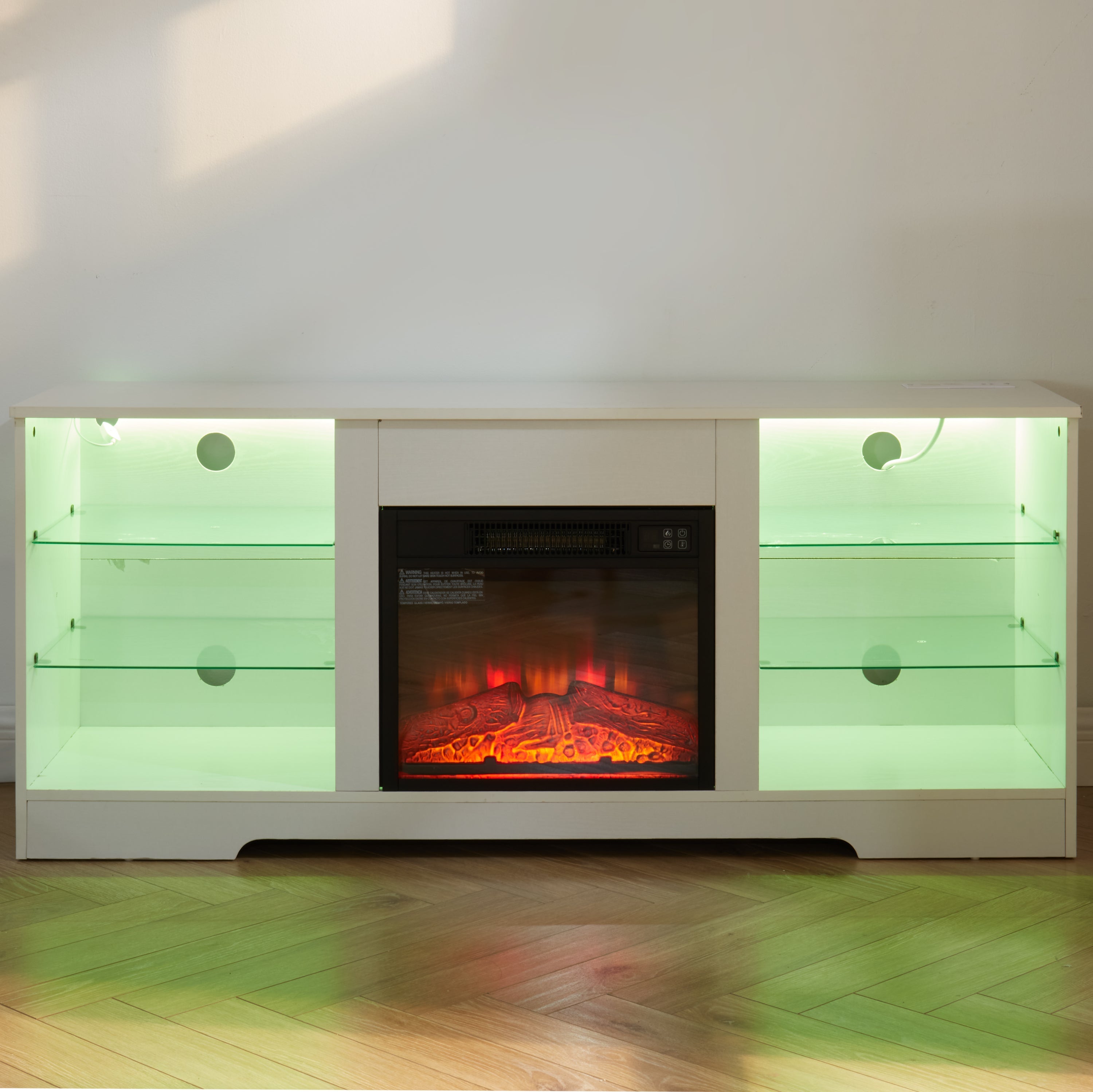 TV Stand Electric Fireplace  Glass Shelves, 3D Fireplace TV Stand with LED Lights Wood with USB Charging Outlet Modern Television Table Center for TV up to 62' White, 58''W*15.5''D*24.4