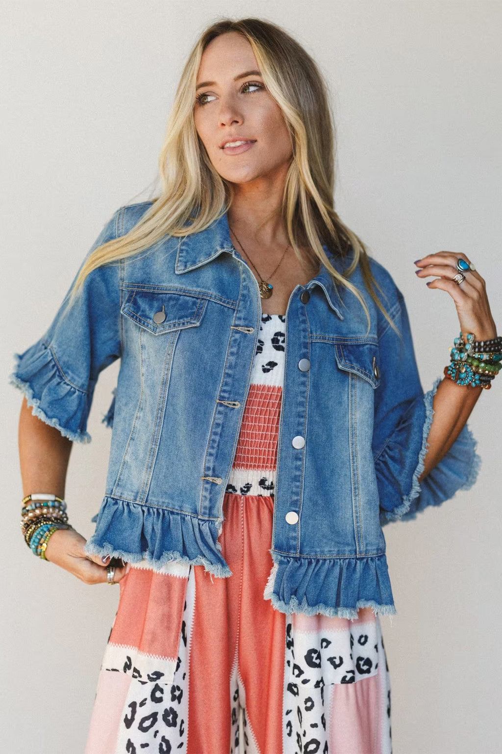 Denim Raw Edge Short Sleeve Ruffle Hem Jacket