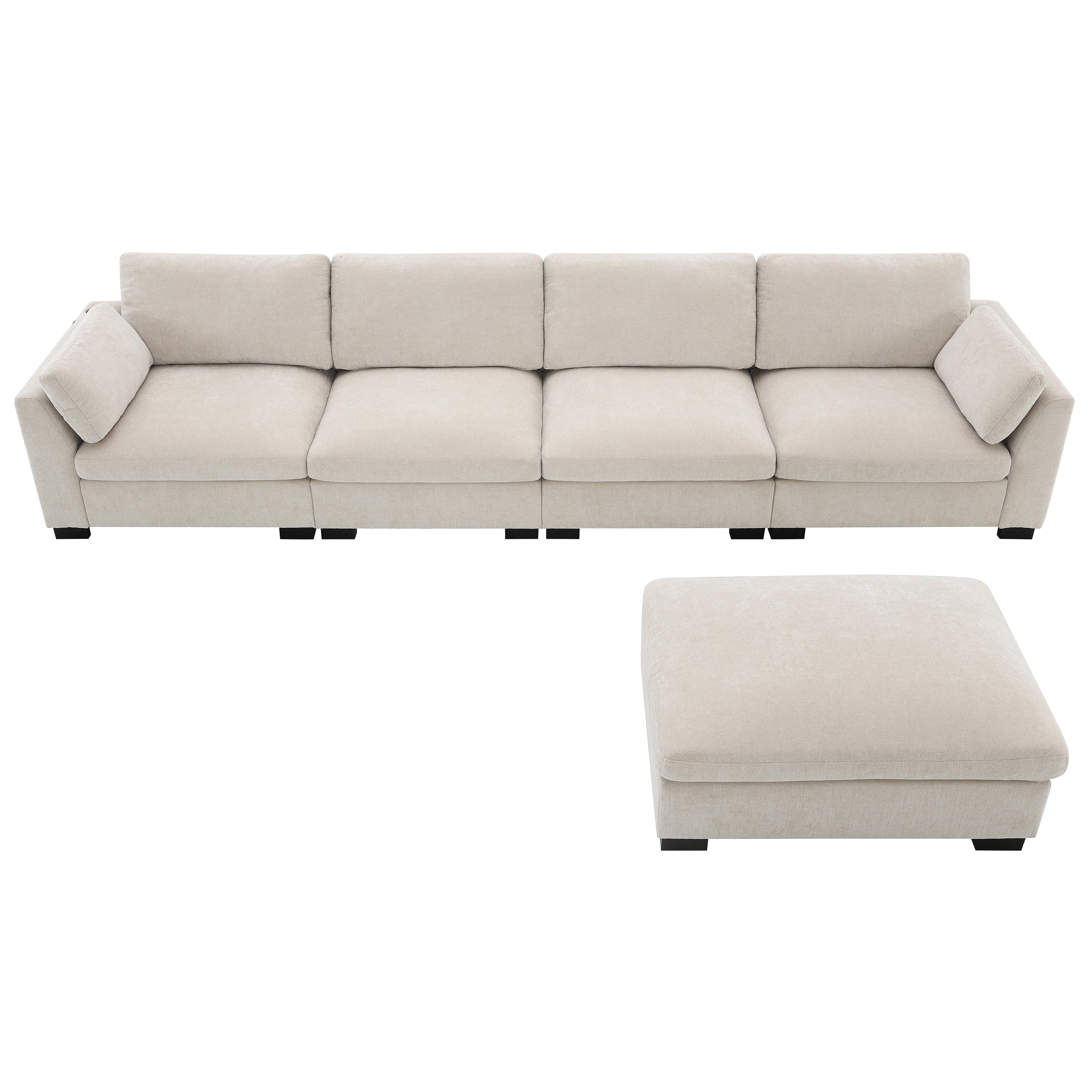 [VIDEO]130' Modular Sectional Sofa, L-Shape with Folding Table and Dual-Port Charging, Side Storage Pockets, 2 Armrest Pillows, Free Movement Ottoman, High Density Foam, Chenille, 5 Seat, 2 Colors