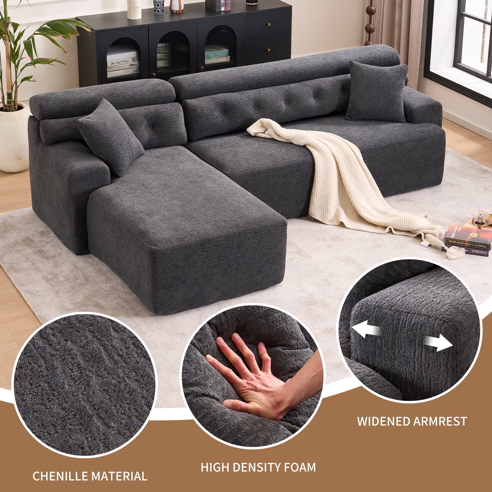 105'' Cloud Sectional Couch with L-Shape Chaise,Modern Modular Sofa with Deep Seat, Boneless Sofa for Living Room Bedroom,No Assembly Required,Grey.