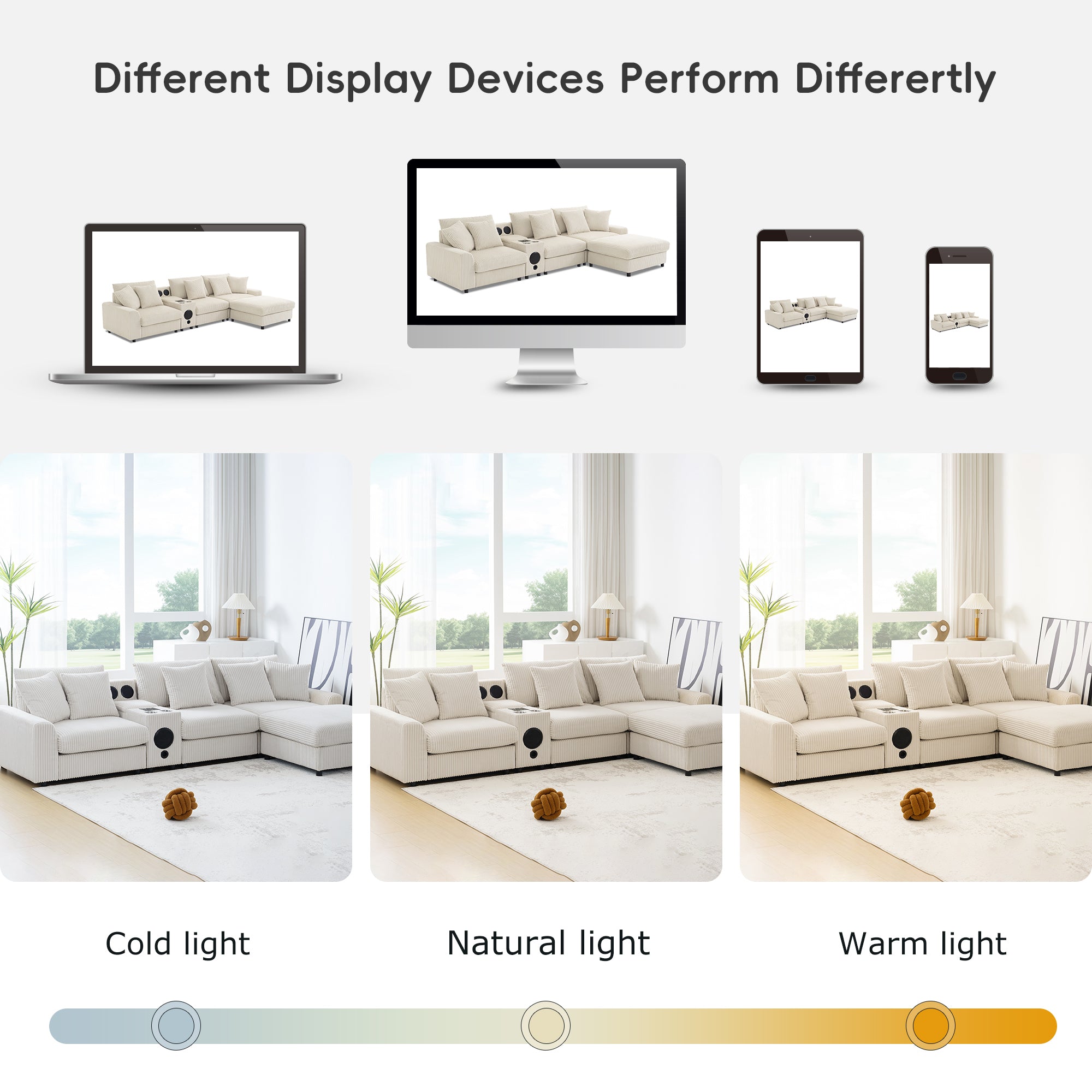 Modular Corduroy Sectional Sofa with Bluetooth Speakers, USB Charger, Cup Holders, Storage, Ottoman, 114*64'' Cream