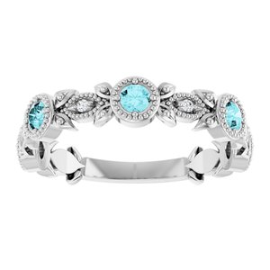 14K White Gold Natural Blue Zircon & .03 CTW Natural Diamond Leaf Ring