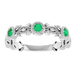 14K White Gold Natural Emerald & .03 CTW Natural Diamond Leaf Ring