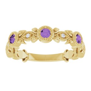 14K Yellow Gold Natural Amethyst & .03 CTW Natural Diamond Leaf Ring