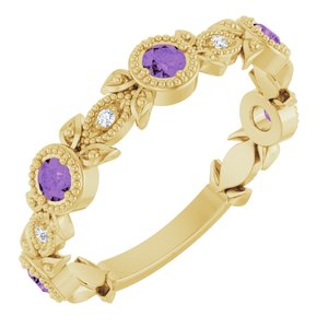 14K Yellow Gold Natural Amethyst & .03 CTW Natural Diamond Leaf Ring