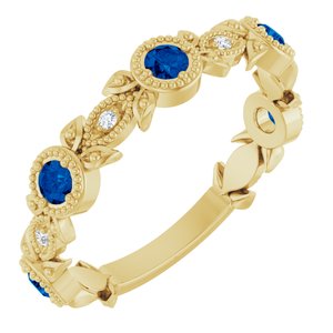 14K Yellow Gold Natural Lab-Grown Blue Sapphire & .03 CTW Natural Diamond Leaf Ring