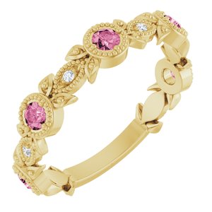 14K Yellow Gold Natural Pink Tourmaline & .03 CTW Natural Diamond Leaf Ring
