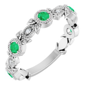 14K White Gold Natural Lab-Grown Emerald & .03 CTW Natural Diamond Leaf Ring