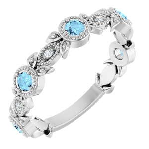 Sterling Silver Natural Aquamarine & .03 CTW Natural Diamond Leaf Ring