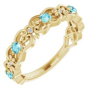 14K Yellow Gold Natural Blue Zircon & .02 CTW Natural Diamond Scroll Ring