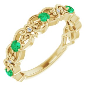 14K Yellow Gold Lab-Grown Emerald & .02 CTW Natural Diamond Scroll Ring