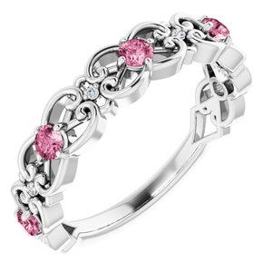 14K White Gold Natural Pink Tourmaline & .02 CTW Natural Diamond Scroll Ring