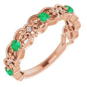 14K Rose Gold Lab-Grown Emerald & .02 CTW Natural Diamond Scroll Ring