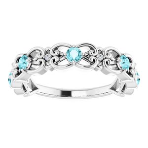 Platinum Natural Blue Zircon & .02 CTW Natural Diamond Scroll Ring