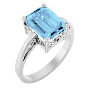 14K White Gold Natural Aquamarine Scroll Setting�� Ring