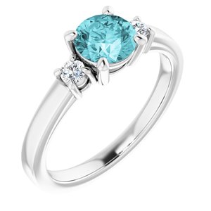14K White Gold 6 mm Round Natural Blue Zircon & 1/8 CTW Natural Diamond Ring
