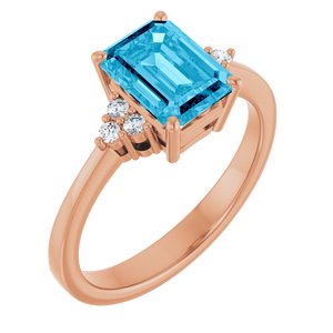 14K Rose Gold Natural Aquqmarine  and 1/10 CTW Lab-Grown Diamond Ring