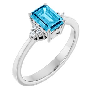 14K White Gold Natural Aquqmarine  and .05 CTW Lab-Grown Diamond Ring