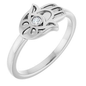 14K White Gold .03 CT Natural Diamond Hamsa Ring