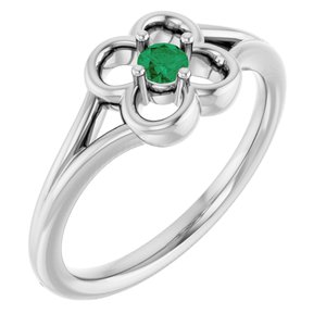 14K White Gold Natural Emerald Youth Flower Ring