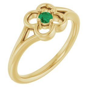 14K Yellow Gold Natural Emerald Youth Flower Ring