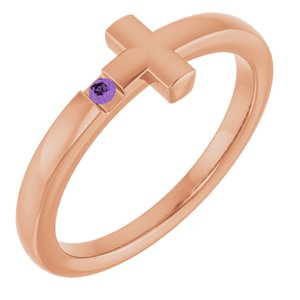 14K Rose Gold Natural Amethyst Youth Sideways Cross Ring