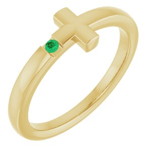 14K Yellow Gold Lab-Grown Emerald Youth Sideways Cross Ring