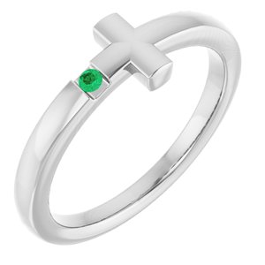 14K White Gold Lab-Grown Emerald Youth Sideways Cross Ring