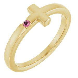 14K Yellow Gold Natural Pink Tourmaline Youth Sideways Cross Ring