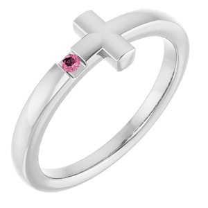 14K White Gold Natural Pink Tourmaline Youth Sideways Cross Ring