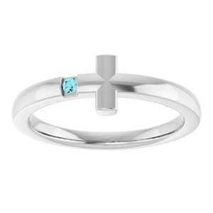 14K White Gold Natural Blue Zircon Youth Sideways Cross Ring