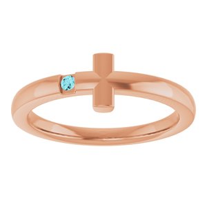 14K Rose Gold Natural Blue Zircon Youth Sideways Cross Ring