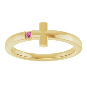 14K Yellow Gold Natural Pink Tourmaline Youth Sideways Cross Ring