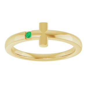 14K Yellow Gold Natural Emerald Youth Sideways Cross Ring