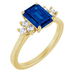 14K Yellow Gold Lab-Grown Blue Sapphire and 1/6 CTW Lab-Grown Diamond Ring