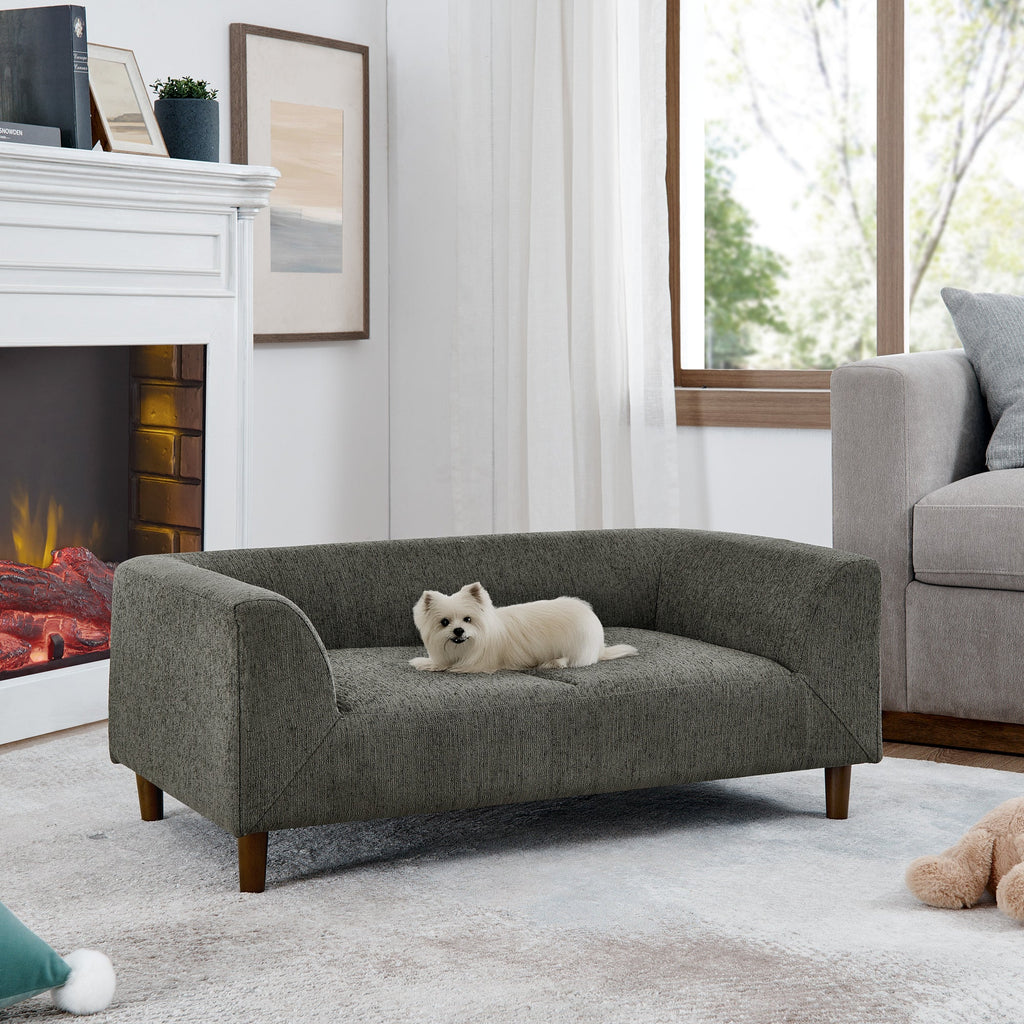 Modern Rectangular Pet Sofa with Backrest and Armrests, Soft Cushion, Dark Grey Linen, Rubber Wood Frame