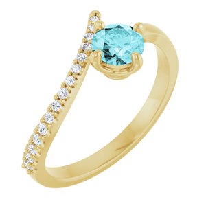 14K Yellow Gold Natural Blue Zircon & 1/10 CTW Natural Diamond Bypass Ring