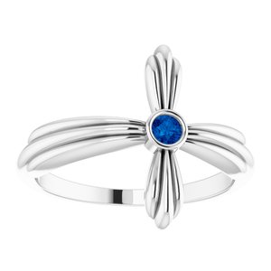 14K White Gold Natural Blue Sapphire Sideways Cross Ring