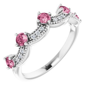 14K White Gold Natural Pink Tourmaline & .05 Natural Diamond Crown Ring
