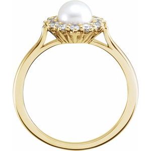 14K Yellow Gold Cultured White Freshwater Pearl & 3/8 CTW Natural Diamond Ring