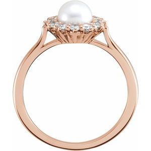 14K Rose Gold Cultured White Freshwater Pearl & 3/8 CTW Natural Diamond Ring