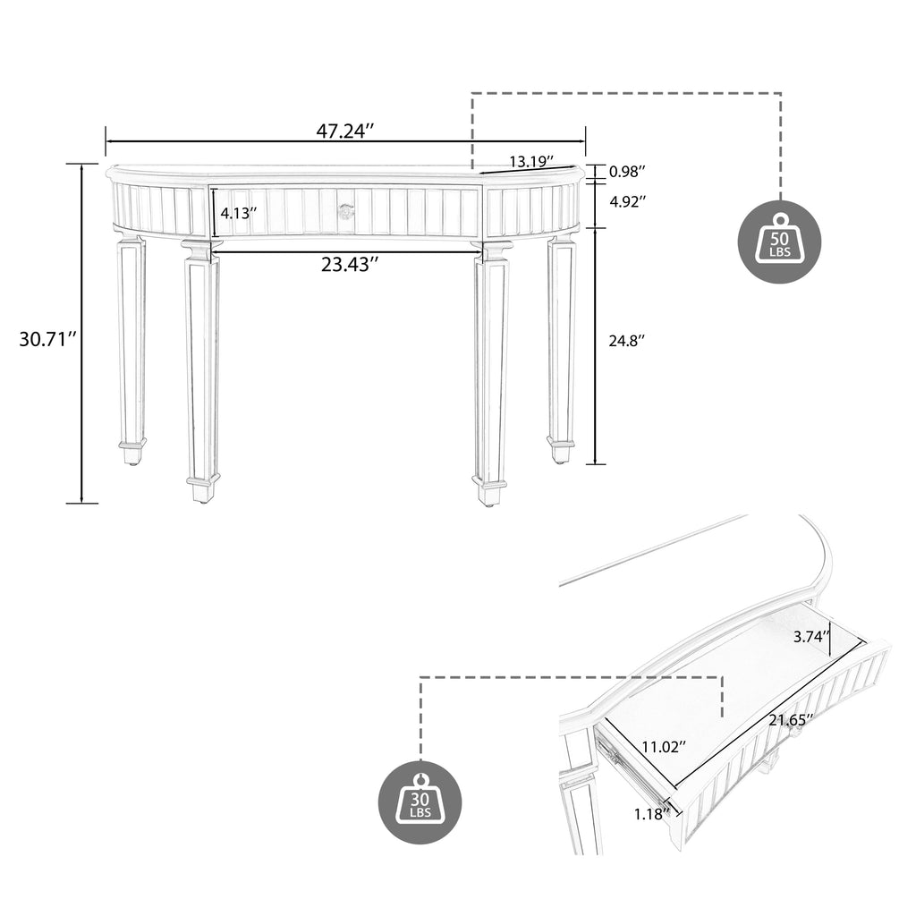 47' Half-Moon Mirrored Console Table with Fluted Glass & Crystal Knob Drawer - Silver Entryway Vanity Desk for Bedroom/Dressing Room(Gold+Sliver)