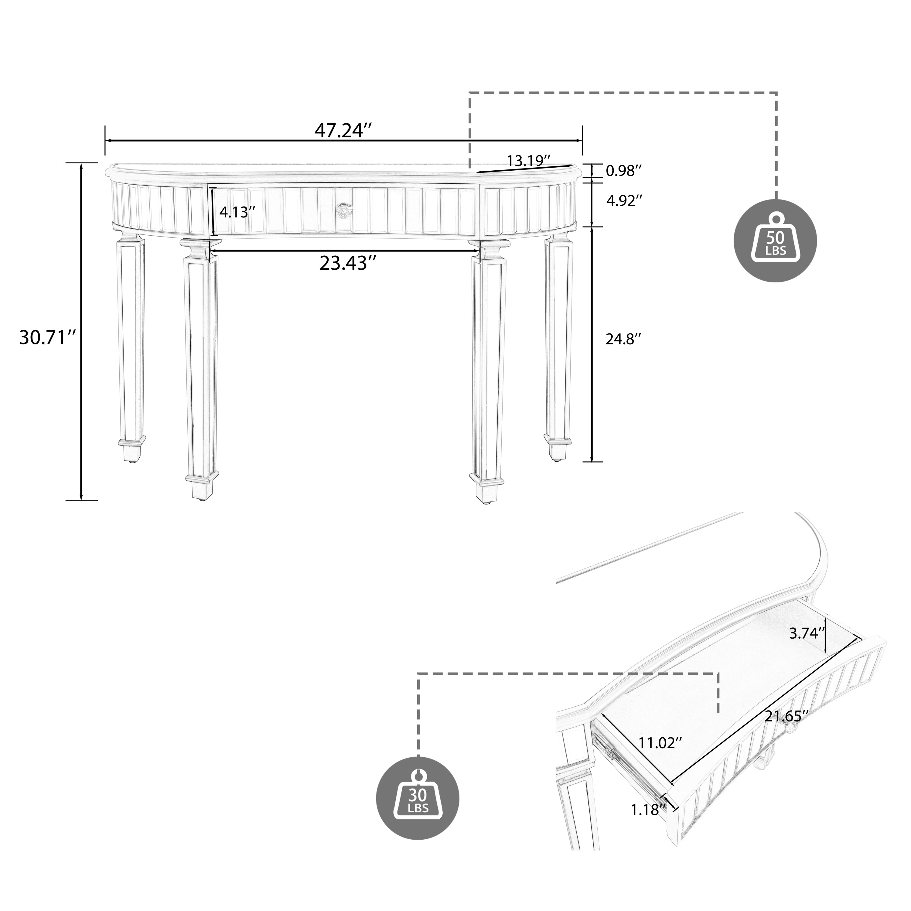 47' Half-Moon Mirrored Console Table with Fluted Glass & Crystal Knob Drawer - Silver Entryway Vanity Desk for Bedroom/Dressing Room(Gold+Sliver)